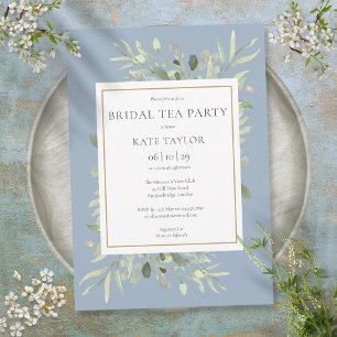 Invitación Dusty Blue Watercolor Greenery Bridal Tea Fiesta
