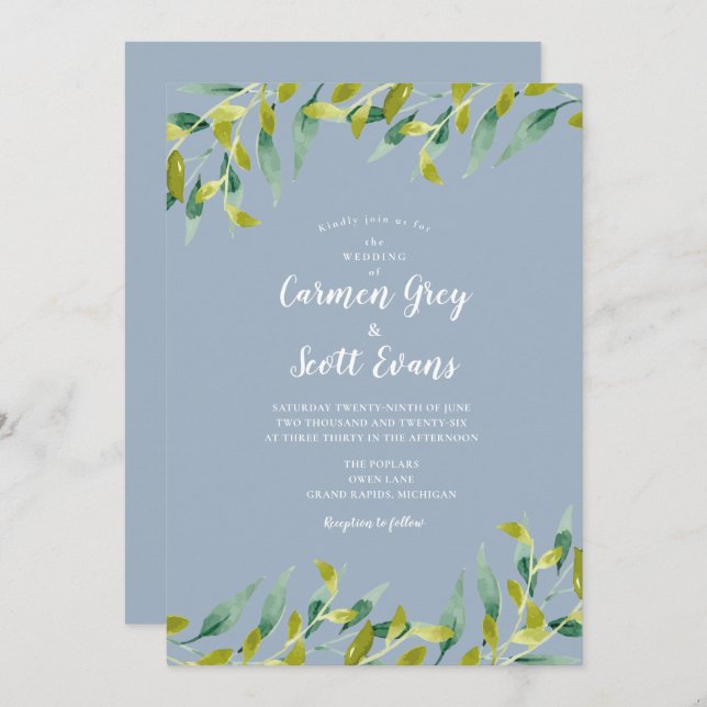 Invitación Dusty Blue Watercolor Greenery Eucalyptus Boda (Anverso / Reverso)