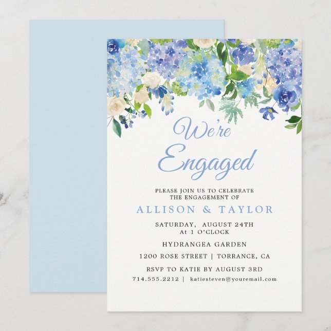 Invitación Dusty Blue Watercolor Hydrangea Engagement Party (Anverso / Reverso)