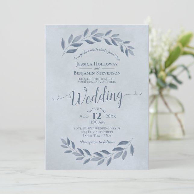 Invitación Dusty Blue Watercolor Laurel deja Boda (Anverso de pie)