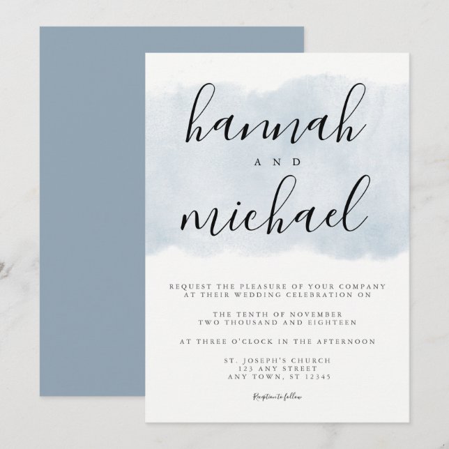 Invitación Dusty Blue Watercolor Moderno Boda sencillo (Anverso / Reverso)