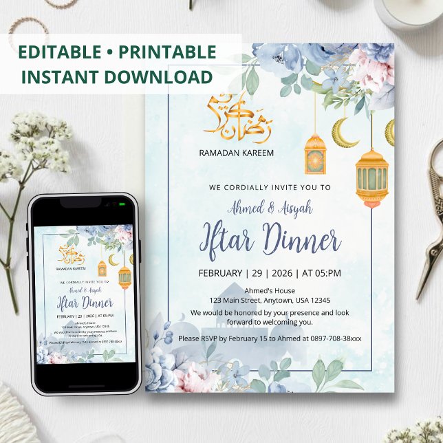 Invitación Dusty Blue Watercolor Mosque Floral Iftar (Subido por el creador)