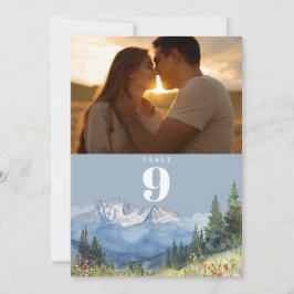 Invitación Dusty Blue Watercolor Mountain Photo Table Number