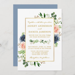 Invitación Dusty Blue Watercolor Rosas Boda Gold