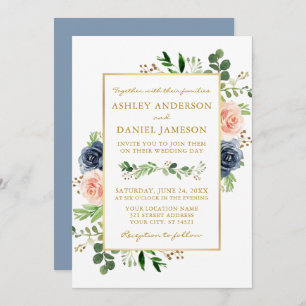 Invitación Dusty Blue Watercolor Rosas Boda Gold