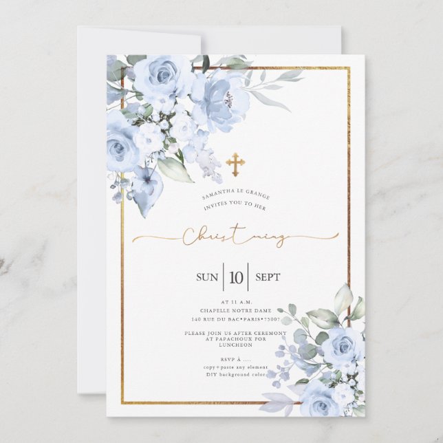 Invitación Dusty Blue Watercolor Rosas Christening (Anverso)