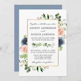 Invitación Dusty Blue Watercolor Rosas Greenery Boda