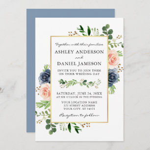 Invitación Dusty Blue Watercolor Rosas Greenery Boda