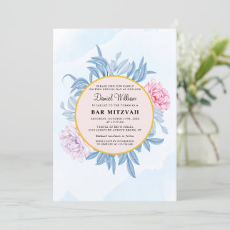 Invitación Dusty Blue Watercolor Suculento Bar Bat Mitzvah