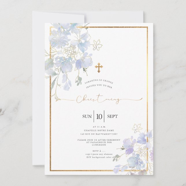 Invitación Dusty Blue Watercolor Sweet Peas Christening (Anverso)