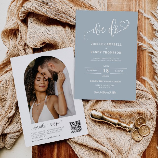 Invitación Dusty Blue We Do Boho Boda QR Code Arch Photo (Subido por el creador)