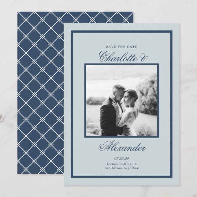 Invitación Dusty Blue Wedding Classic Script Save the Date (Anverso / Reverso)
