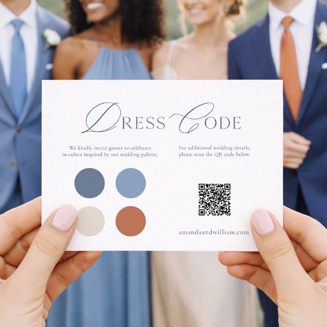 Invitación Dusty Blue Wedding Dress Code Card with QR Code (Subido por el creador)