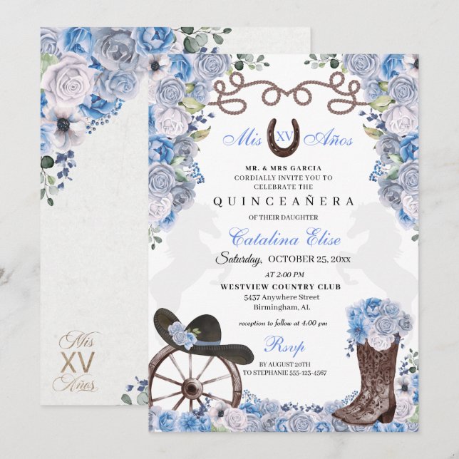 Invitación Dusty Blue Western Charra Ranchero Quinceanera (Anverso / Reverso)