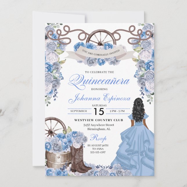 Invitación Dusty Blue Western Ranchero Quinceanera (Anverso)