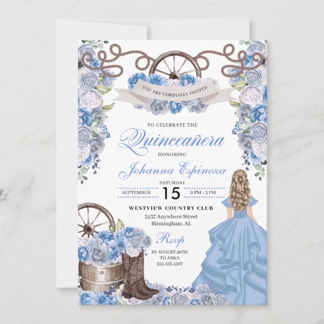 Invitación Dusty Blue Western Ranchero Quinceanera (Anverso)