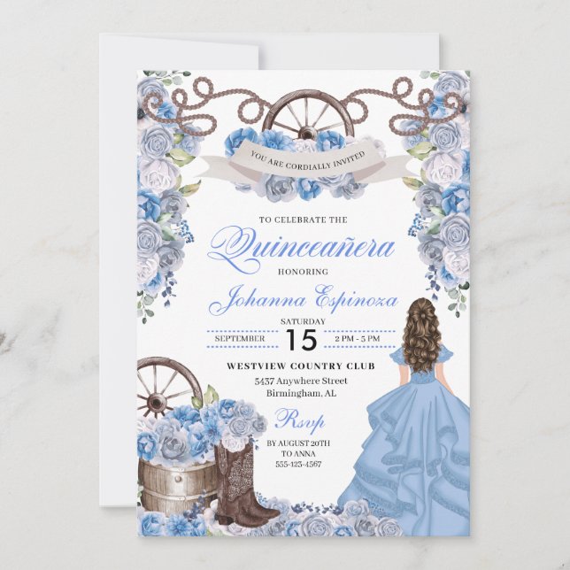 Invitación Dusty Blue Western Ranchero Quinceanera (Anverso)