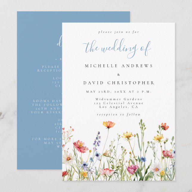 Invitación Dusty Blue Whimsical Floral All in One Wedding (Anverso / Reverso)