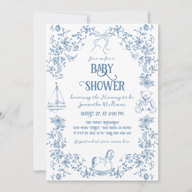 Invitación Dusty Blue Whimsical Floral Baby Shower (Anverso)