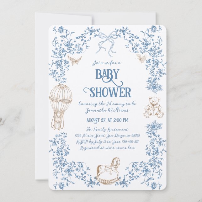Invitación Dusty Blue Whimsical Floral Baby Shower (Anverso)