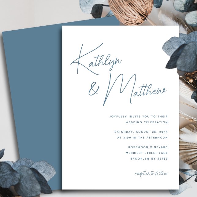 Invitación Dusty Blue Whimsical Script Boda Minimalista (Subido por el creador)