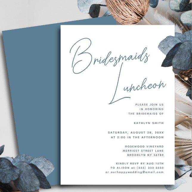 Invitación Dusty Blue Whimsical Script Bridesmaids Luncheon (Subido por el creador)