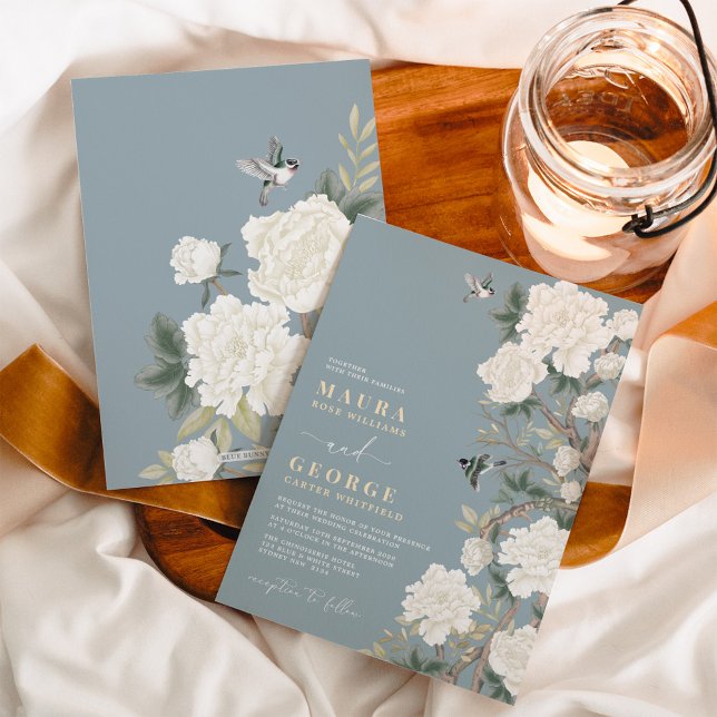 Invitación Dusty Blue White Chinoiserie Boda de flores Jardín (Subido por el creador)
