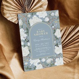 Invitación Dusty Blue White Chinoiserie Floral Baby Shower