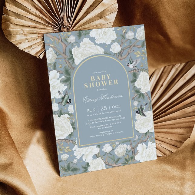 Invitación Dusty Blue White Chinoiserie Floral Baby Shower (Subido por el creador)