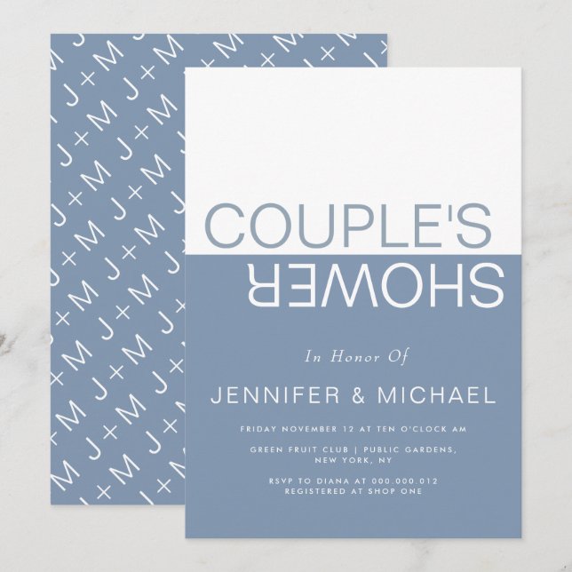 Invitación Dusty blue white colorblock couples wedding shower (Anverso / Reverso)