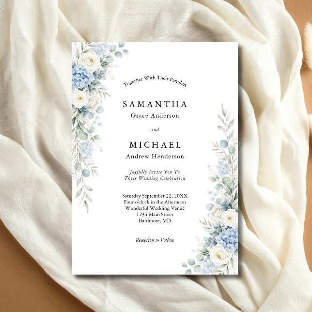 Invitación Dusty Blue White Cream Florals Wedding (Dusty blue and cream white watercolor florals modern elegant wedding invitation)