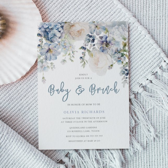 Invitación Dusty Blue & White Floral Baby Shower Brunch (Subido por el creador)
