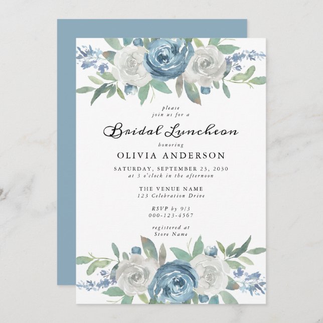 Invitación Dusty Blue & White Floral Bridal Luncheon (Anverso / Reverso)