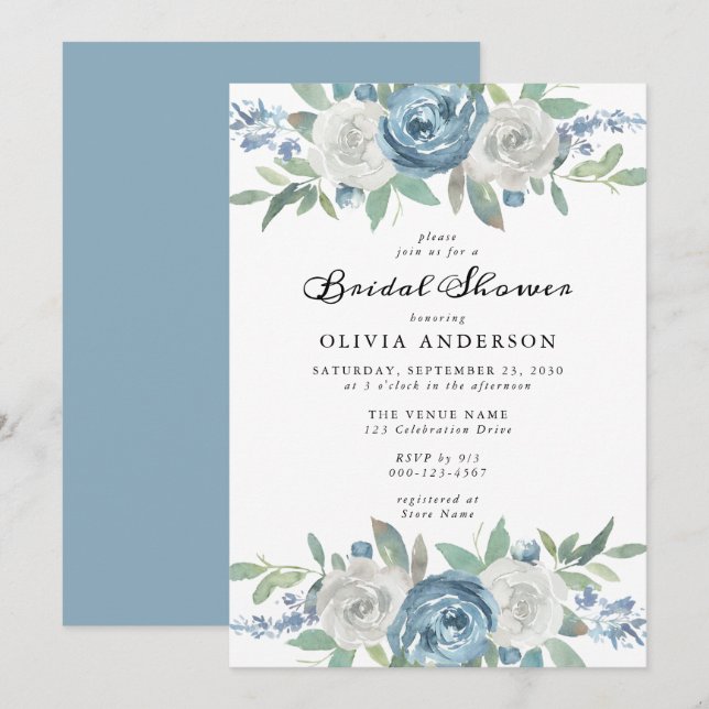 Invitación Dusty Blue & White Floral Bridal Shower (Anverso / Reverso)