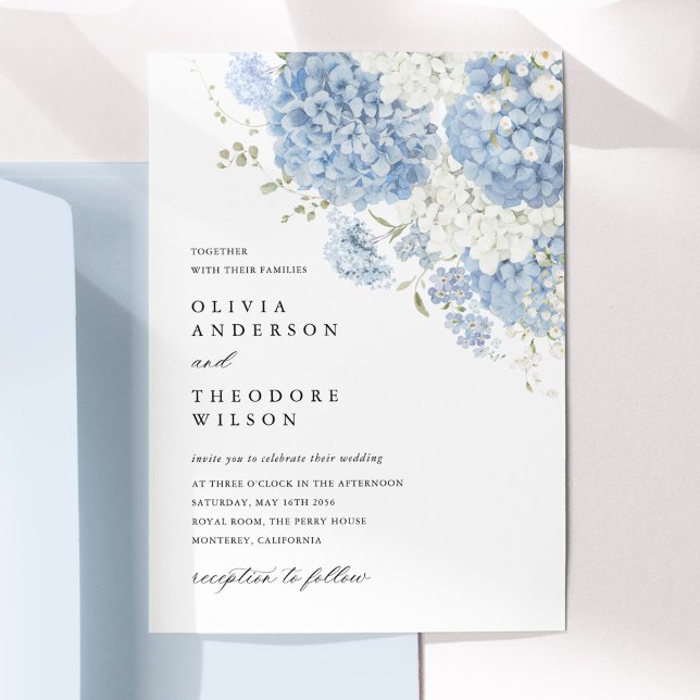 Invitación Dusty Blue White Floral Elegant Wedding (Dusty blue white floral wedding invitation, watercolor hydrangea, elegant minimalist flat lay)