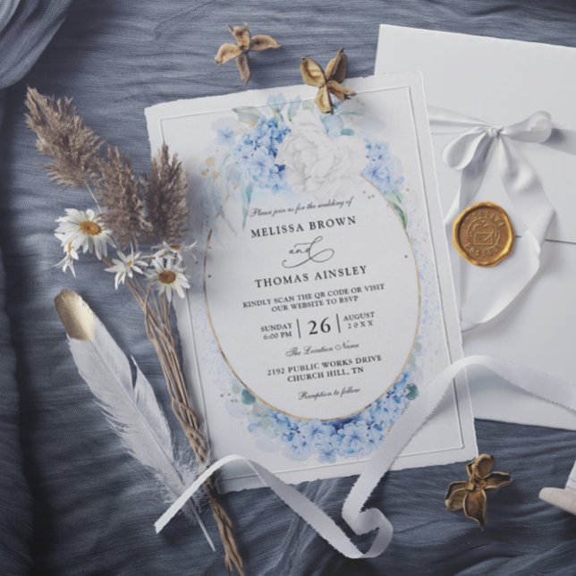 Invitación Dusty Blue White Flowers Budget QR Code Wedding (Subido por el creador)