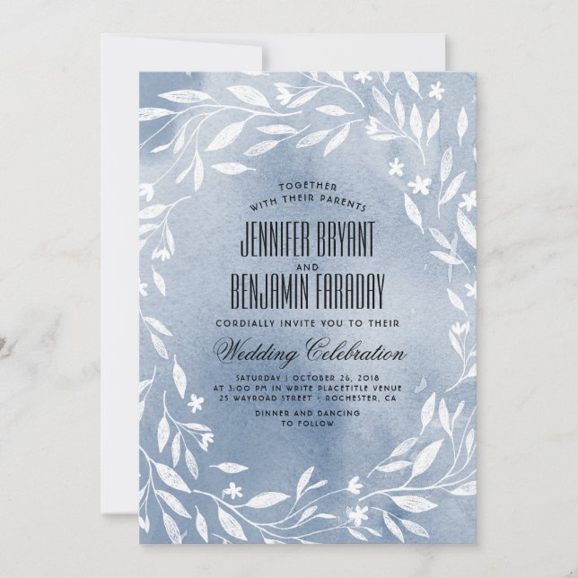 Invitación Dusty Blue White Flowers Garden Wedding (Anverso)