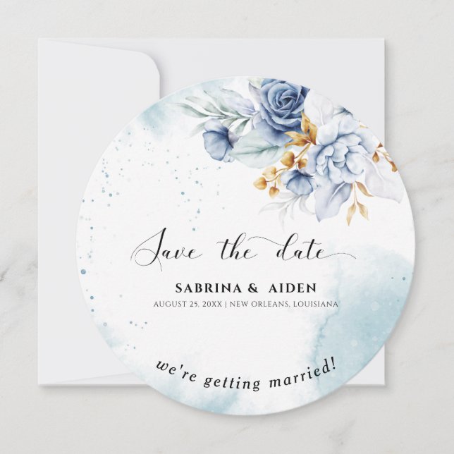 Invitación Dusty Blue White Gold Boda de fotografía floral (Anverso)