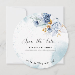 Invitación Dusty Blue White Gold Boda de fotografía floral
