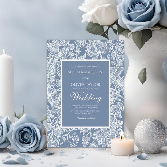Invitación Dusty Blue White Line Arte Floral Botánica (Subido por el creador)