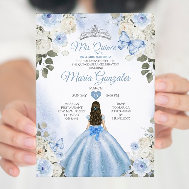 Invitación Dusty Blue & White Mis Quince 15 Anos Silver Crown (Subido por el creador)