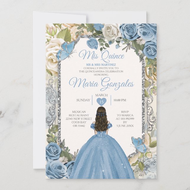 Invitación Dusty Blue & White Mis Quince 15 Anos Silver Crown (Anverso)