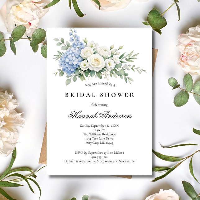 Invitación Dusty Blue White Rose Floral Elegant Bridal Shower (Dusty Blue Hydrangea White Roses Watercolor Florals Bridal Shower Invitation, Printed or Digital)