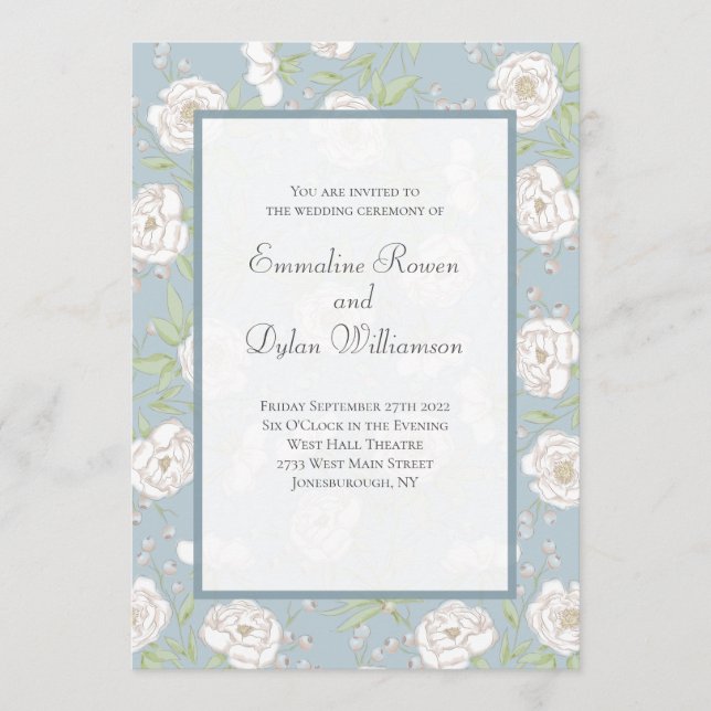 Invitación Dusty Blue White Rose Wedding (Anverso)