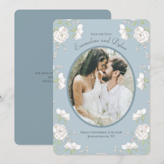 Invitación Dusty Blue White Rose Wedding Photo Save the Date