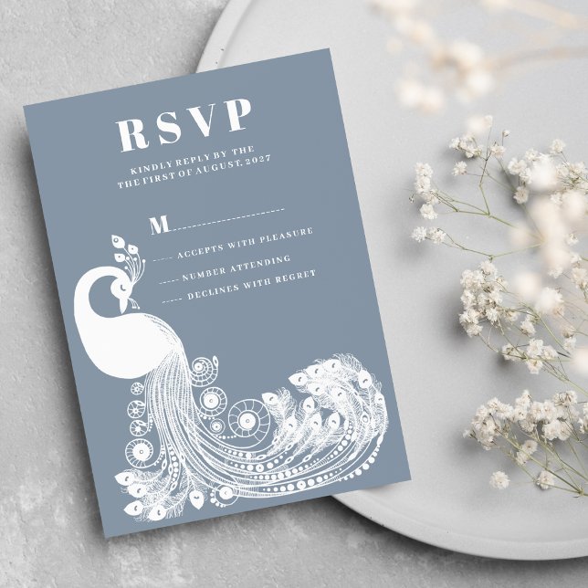 Invitación Dusty blue white royal peacock elegant RSVP (Dusty blue white royal peacock elegant RSVP)