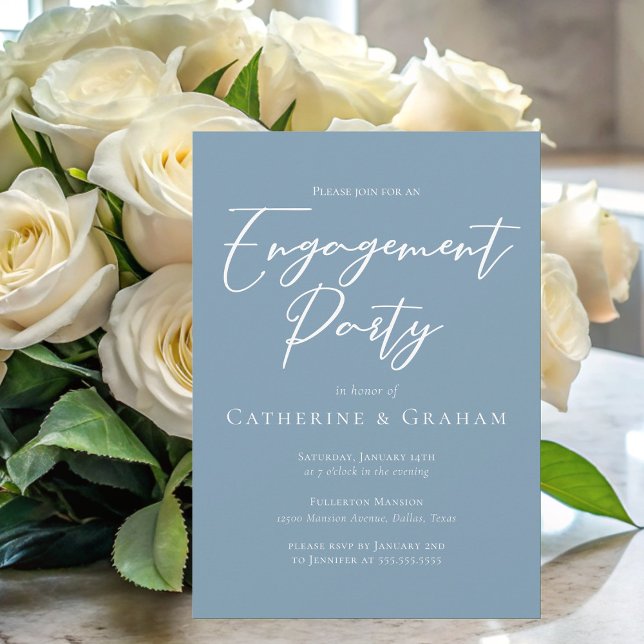 Invitación Dusty Blue White Typography Engagement Party (Subido por el creador)
