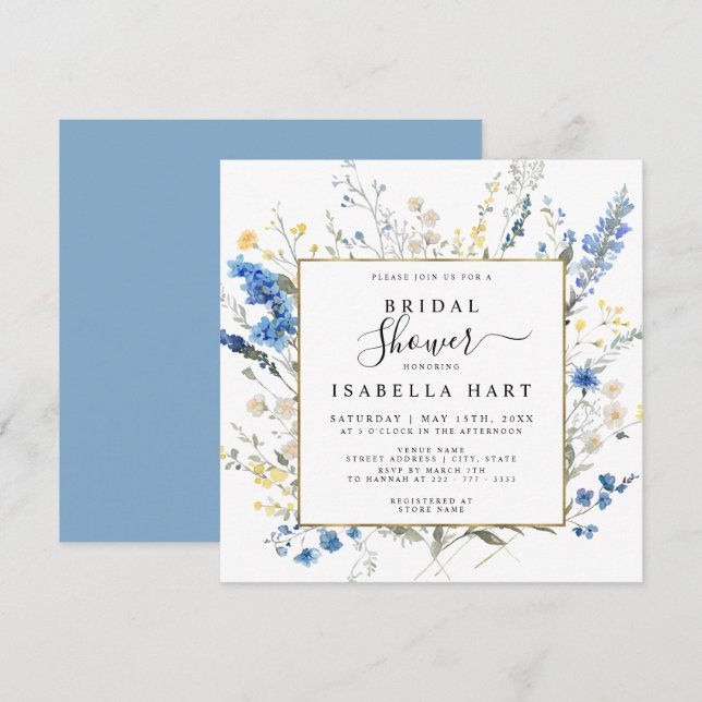 Invitación Dusty Blue Wild Floral Dainty Boho Bridal Shower (Anverso / Reverso)