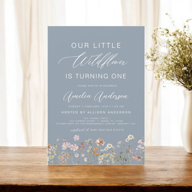 Invitación Dusty Blue Wildflower Boho Primer cumpleaños (Subido por el creador)