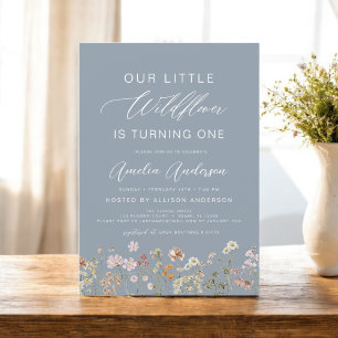 Invitación Dusty Blue Wildflower Boho Primer cumpleaños